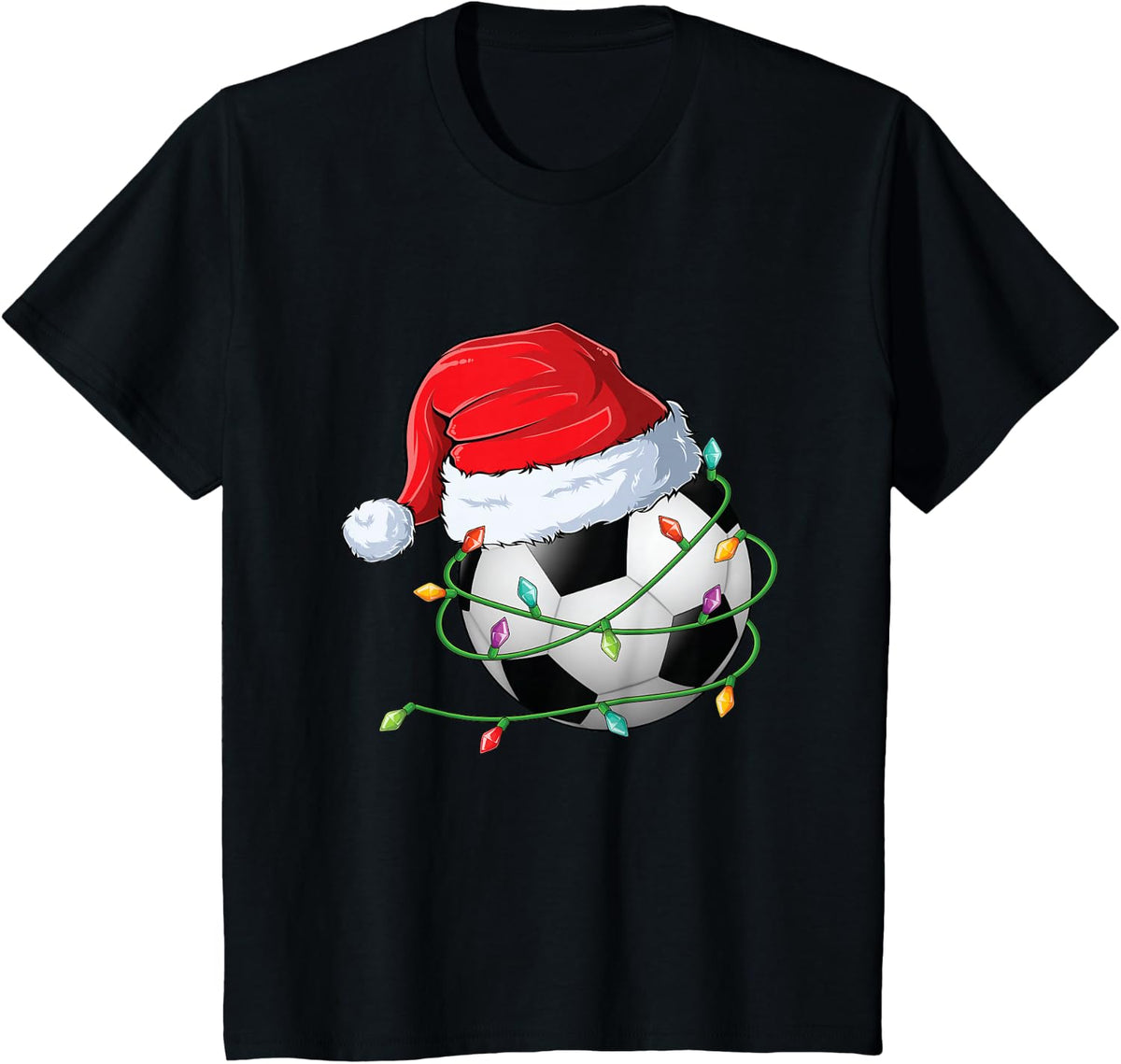 Christmas Soccer Santa Hat wrapped in Holiday Lights T-Shirt - Black