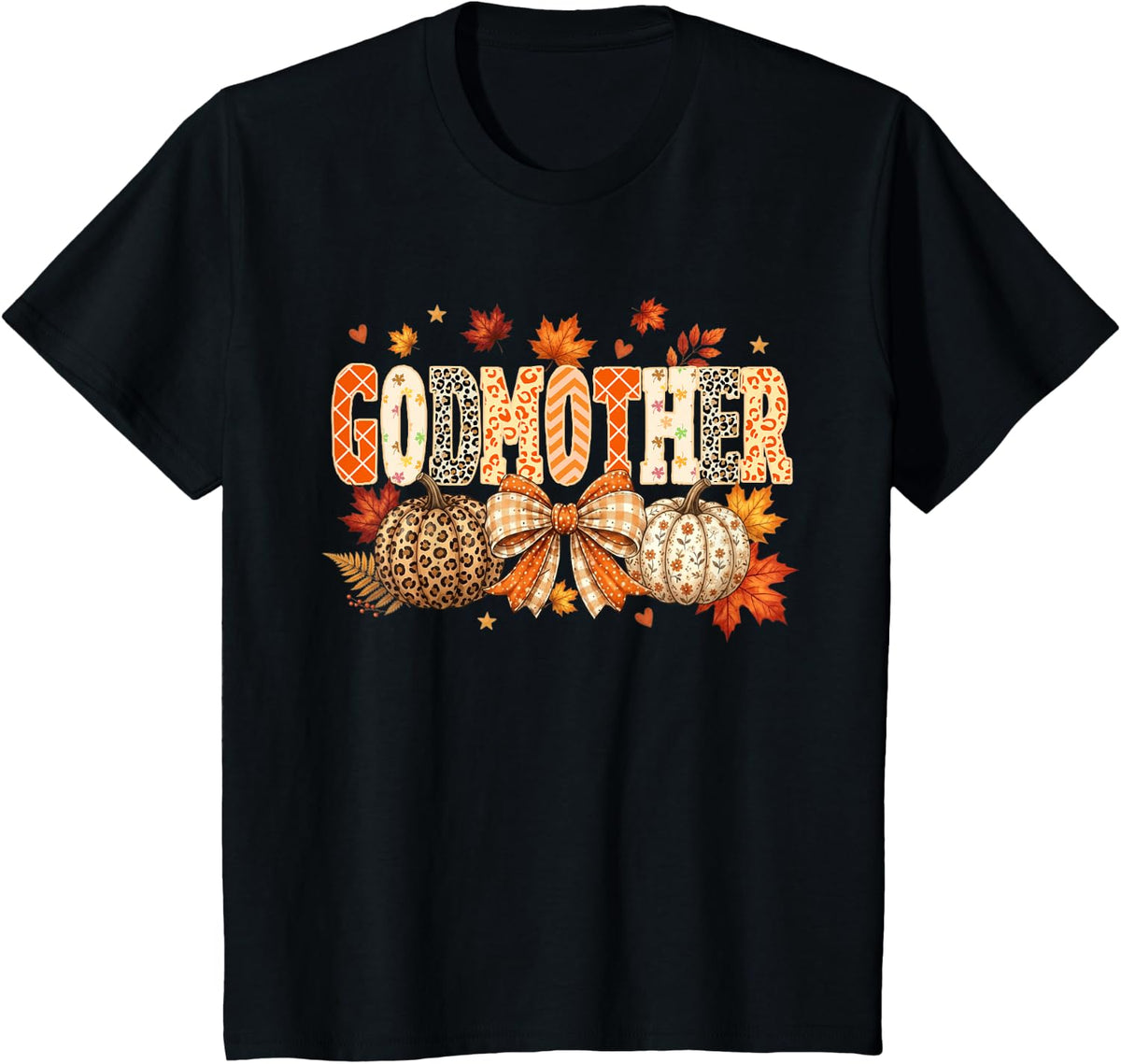Retro Leopard Godmother Fall Pumpkin Thanksgiving T-Shirt - Black