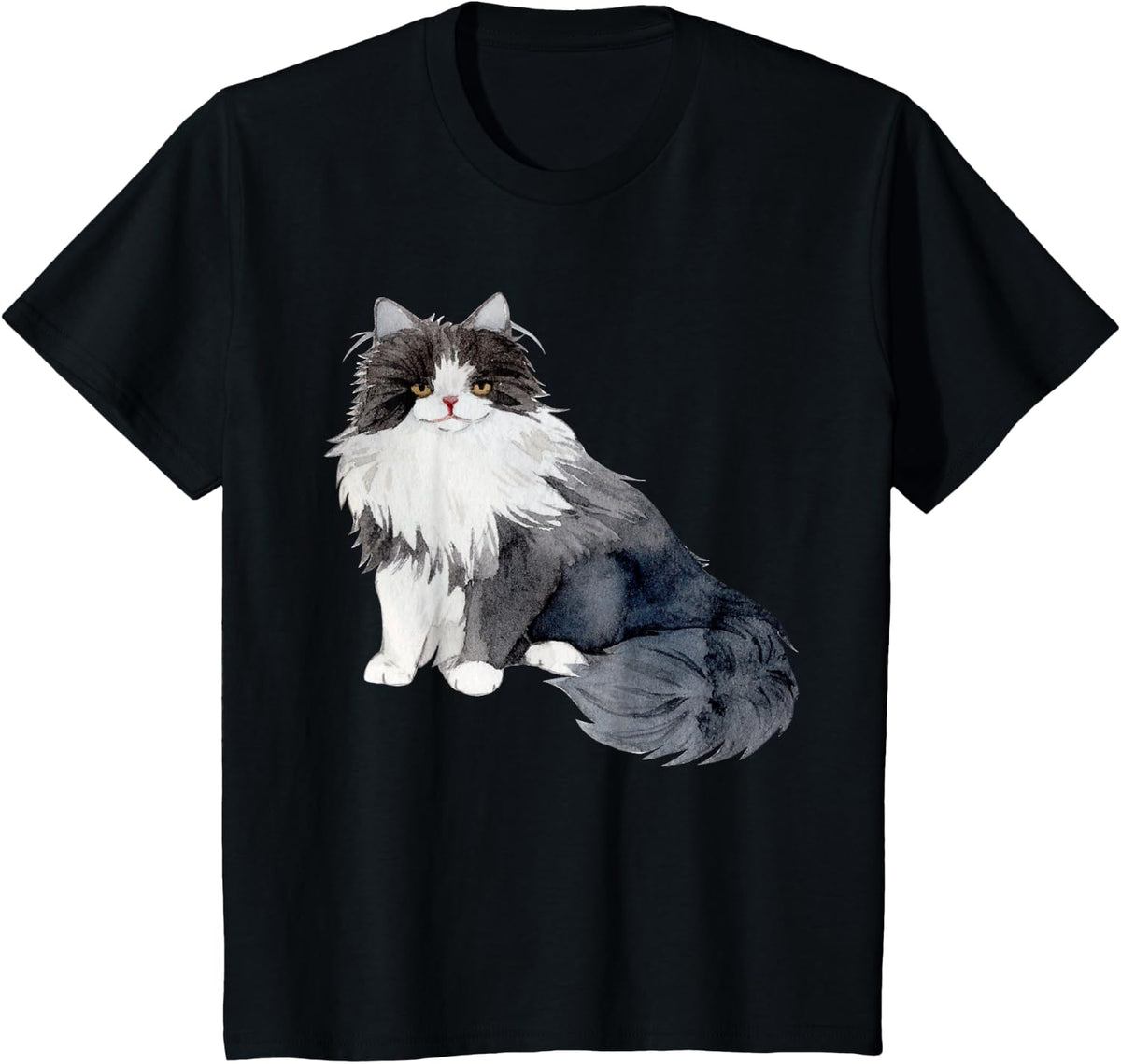 Long Hair Grey White Tuxedo Cat Illustration T-Shirt - Black