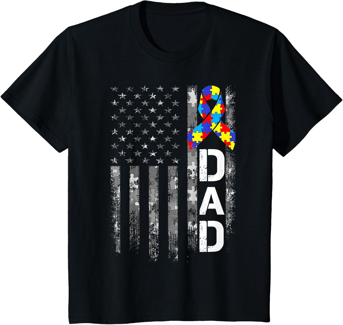 Autism Awareness Dad USA Flag Fathers Day T-Shirt - Black