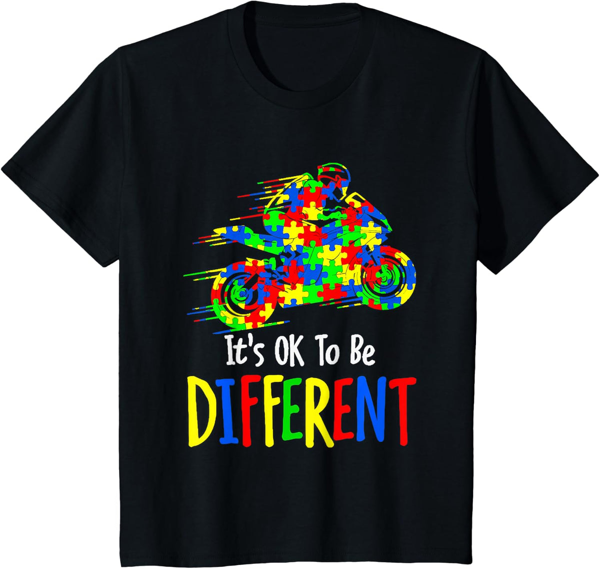 Autism Awareness It's Ok To Be Different Colorful Motorcycle T-Shirt - Black
