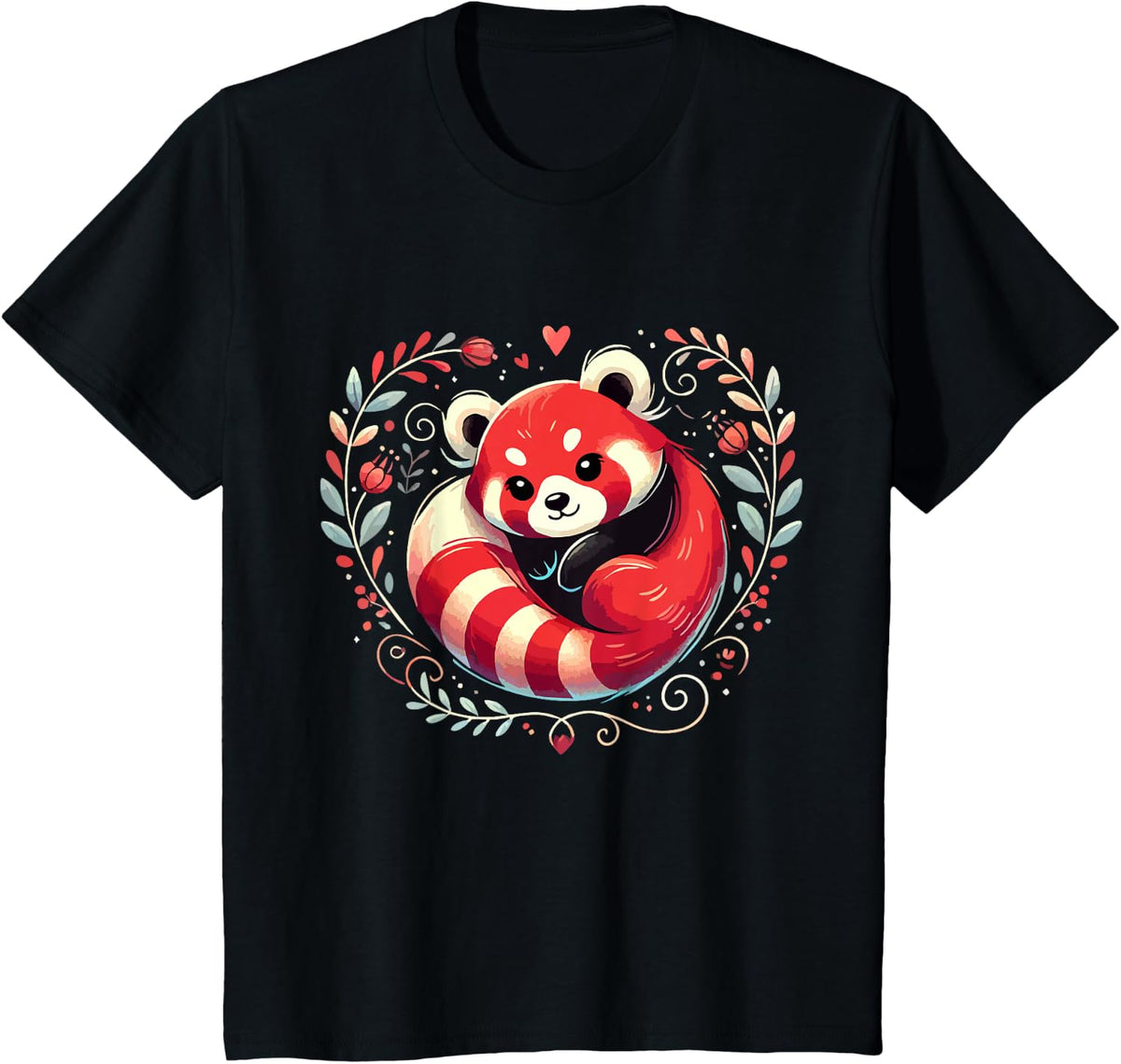 Red Panda Heart Love Design T-Shirt - Black