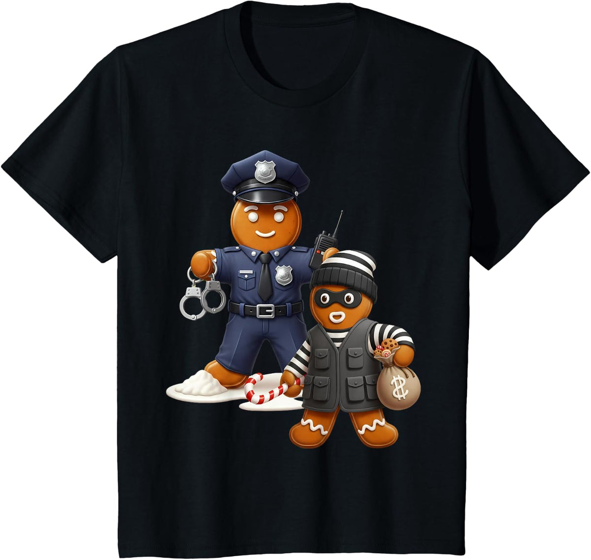 Christmas Police Officer Gingerbread Fun T-Shirt - Black