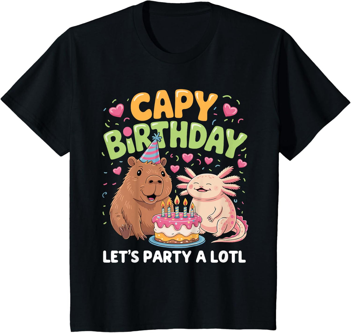 Capy Birthday Capybara And Axolotl Birthday Girls Boys Kids T-Shirt - Black