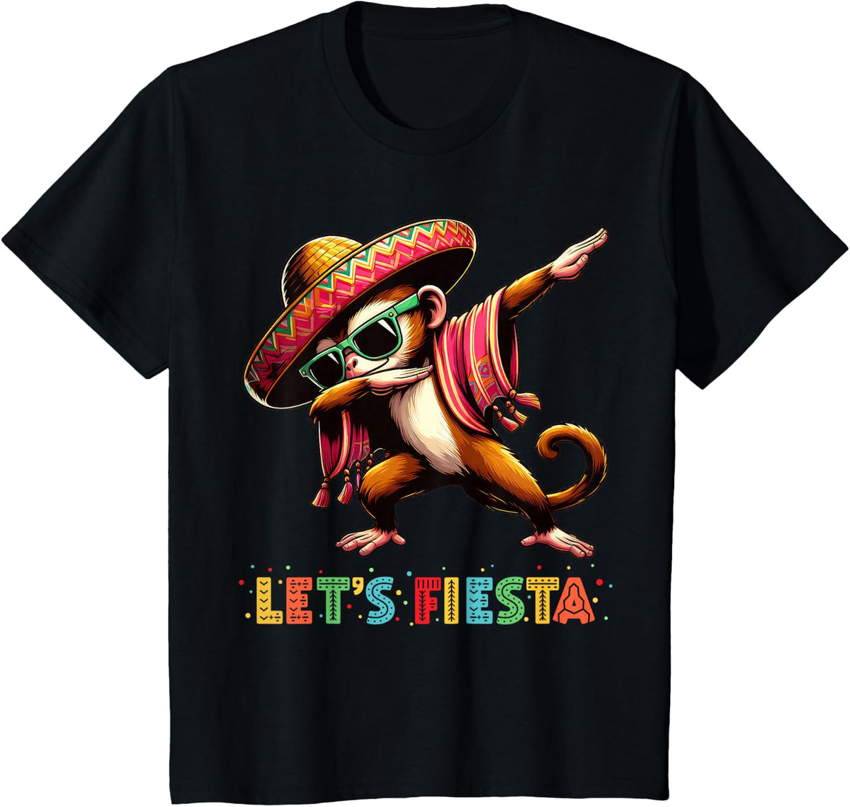 Let's Fiesta Dabbing Monkey Sombrero Poncho Cinco De Mayo T-Shirt - Black