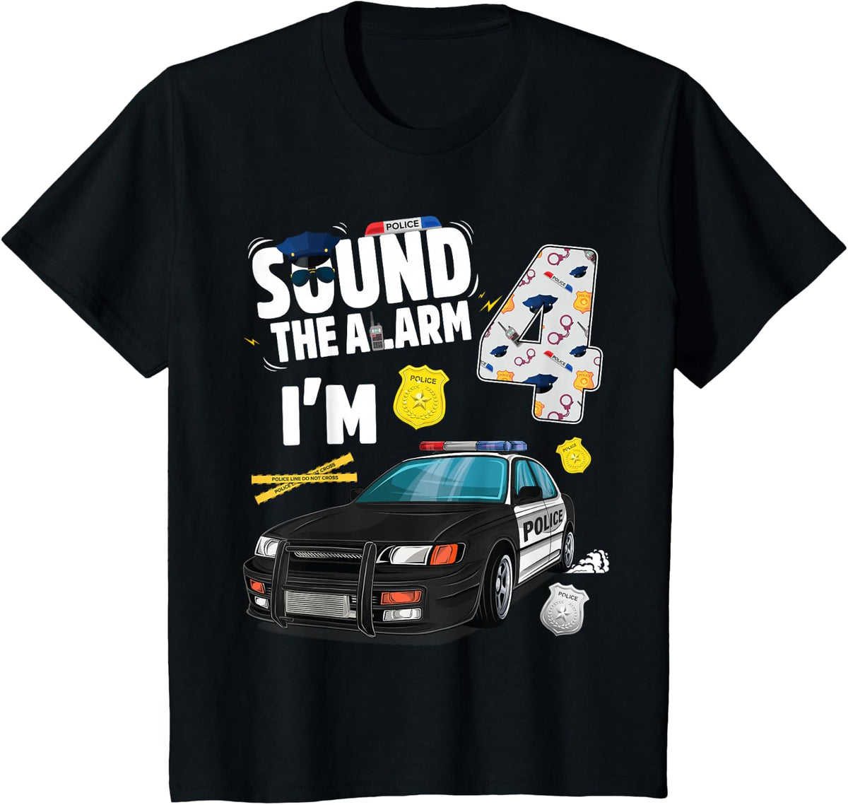 Kids Police Car 4th Birthday Boy 4 year old Cop Policeman Officer T-Shirt - Black