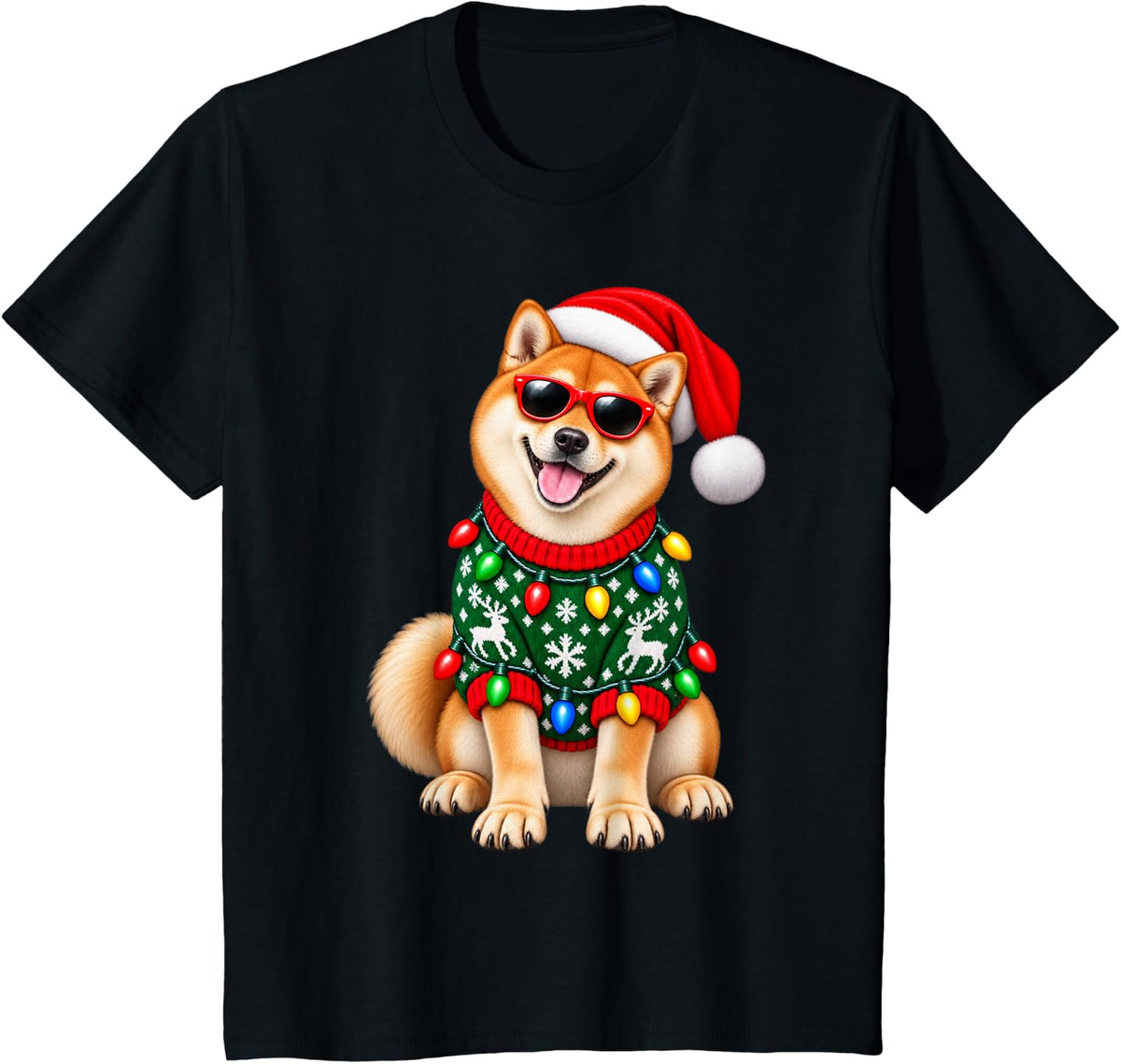 Shiba Inu Dog Christmas Sweater Santa Hat Sunglasses Dog T-Shirt - Black