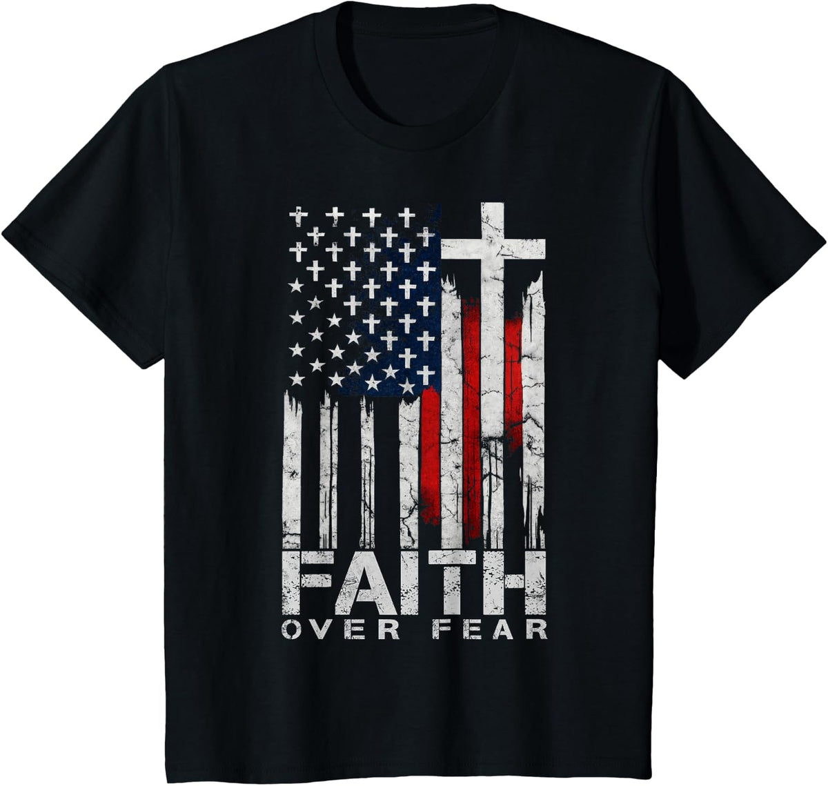 Christian Faith Over Fear USA Flag Cross Patriotic Faith T-Shirt - Black