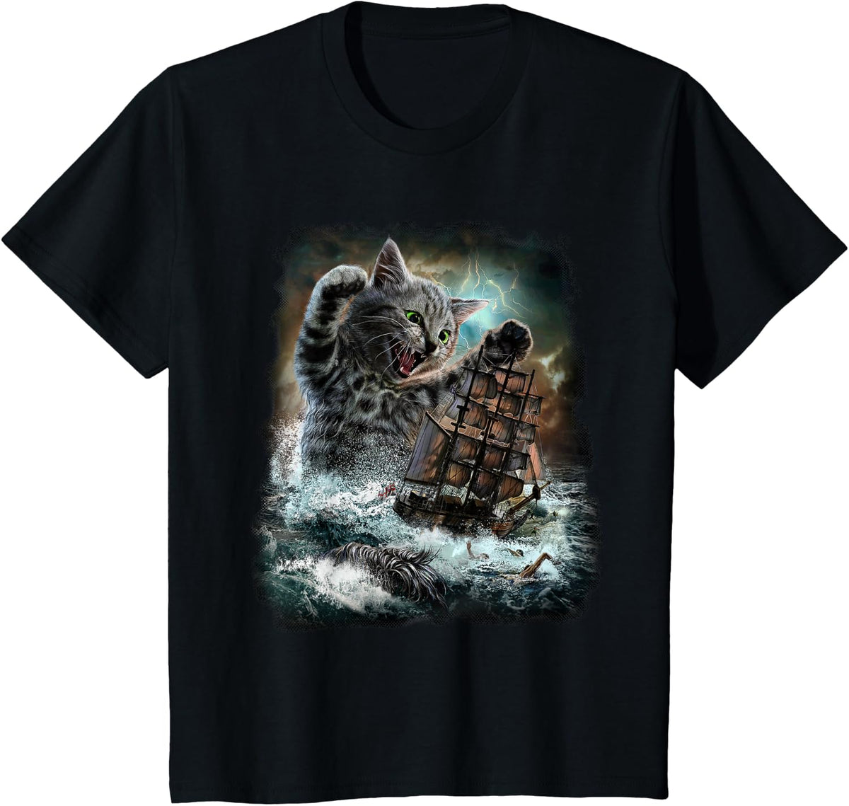 Monster Tabby Cat Ambush Battle Ship T-Shirt - Black