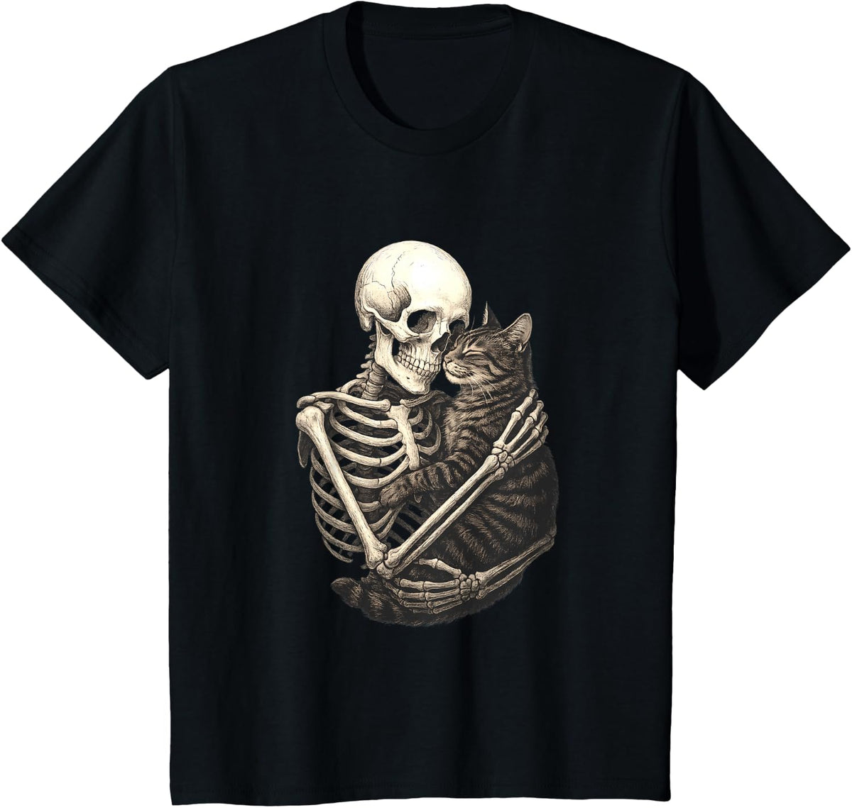 Skeleton Hugging Cat Halloween Tees T Shirts Cat Lover Cat Mom Dad Gift - Black