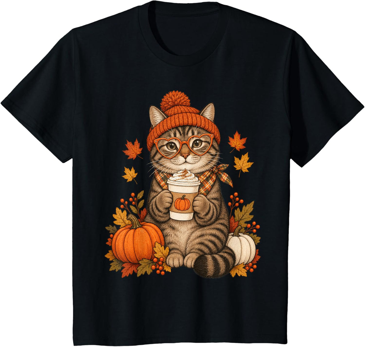 Brown Tabby Cat Fall Autumn Season Pumpkin Spice T-Shirt - Black