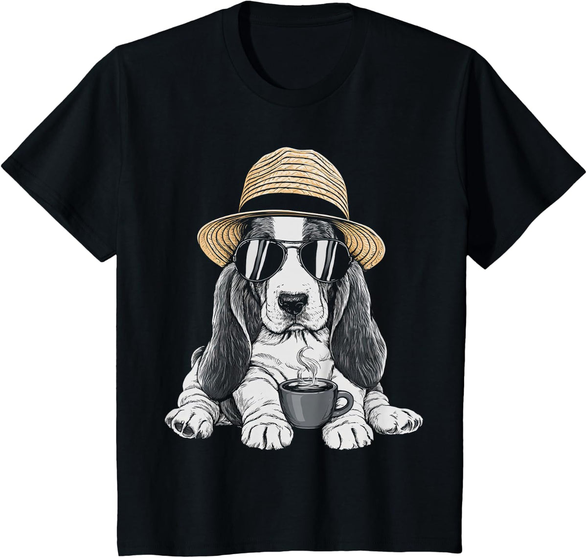 Funny Basset Hound Dog Coffee Illustration Sunglasses Art T-Shirt - Black