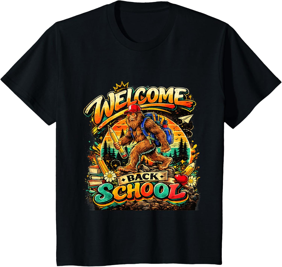 Funny Bigfoot Back to School Kid Bigfoot Backpack Boys T-Shirt - Black