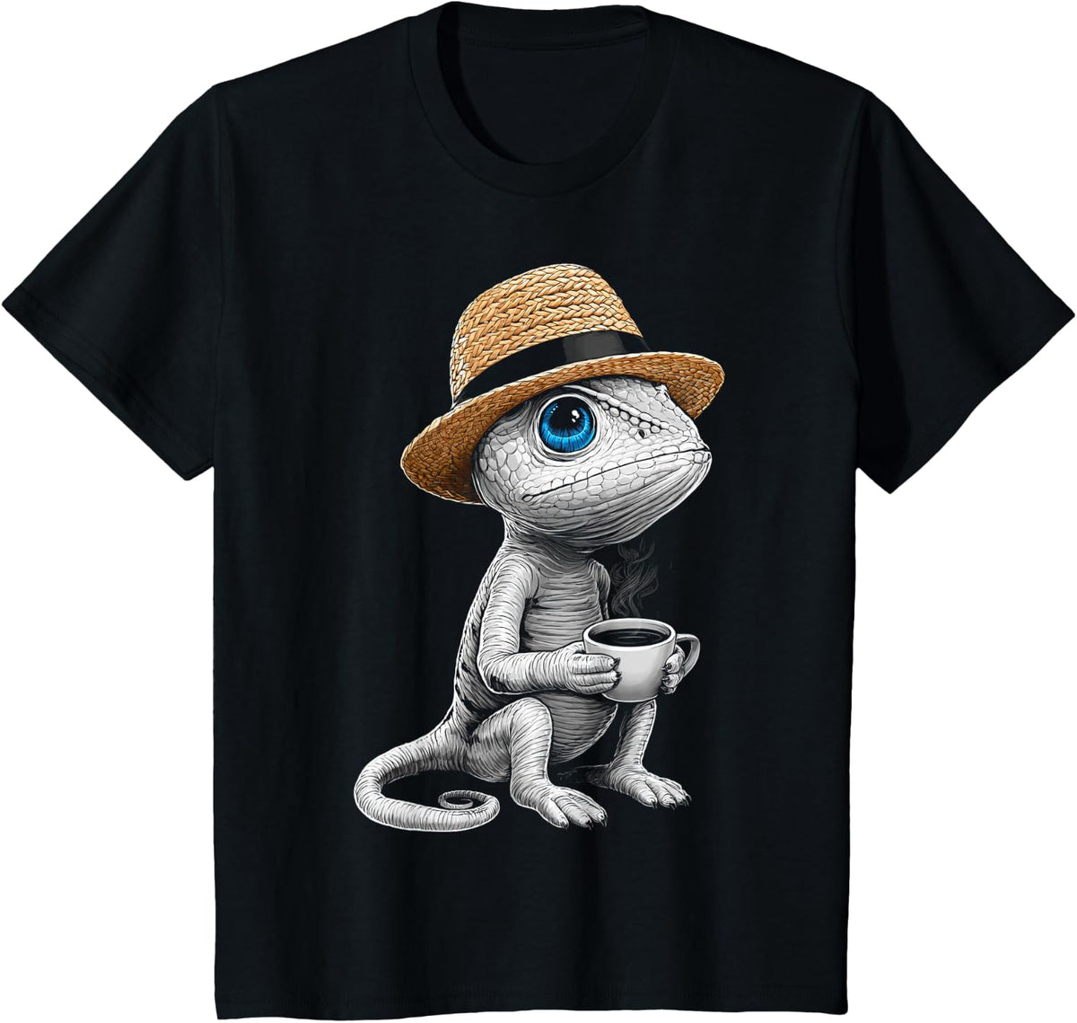Coffee Graphic Blue Eyes Design Wildlife Chameleon Lover T-Shirt - Black