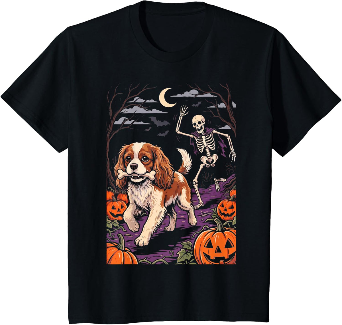 Cavalier King Charles Spaniel Dog Stealing Bone from T-Shirt - Black
