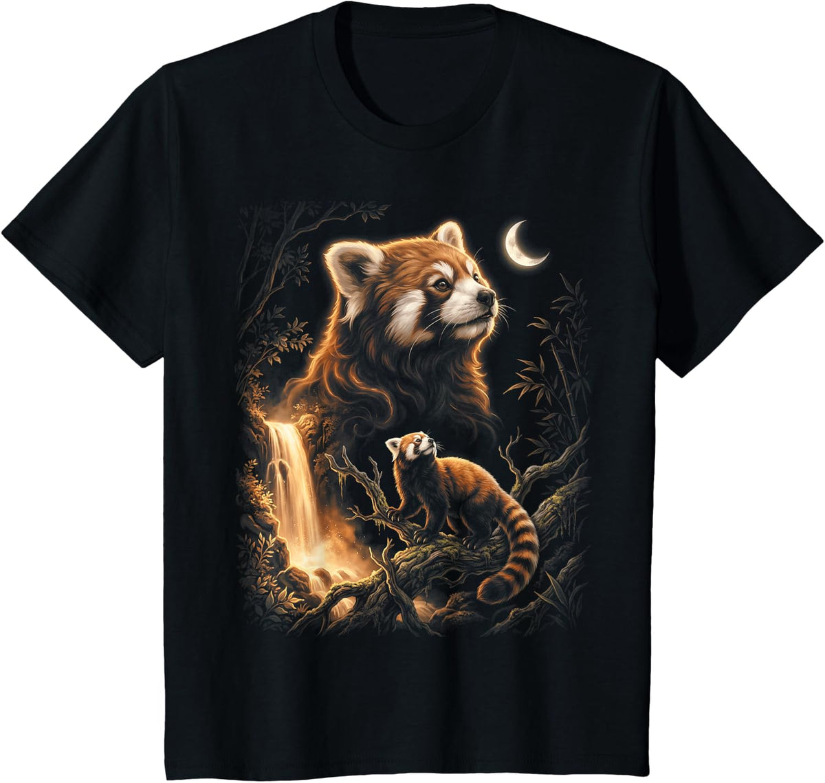 Red Panda Howling At The Moon T-Shirt - Black
