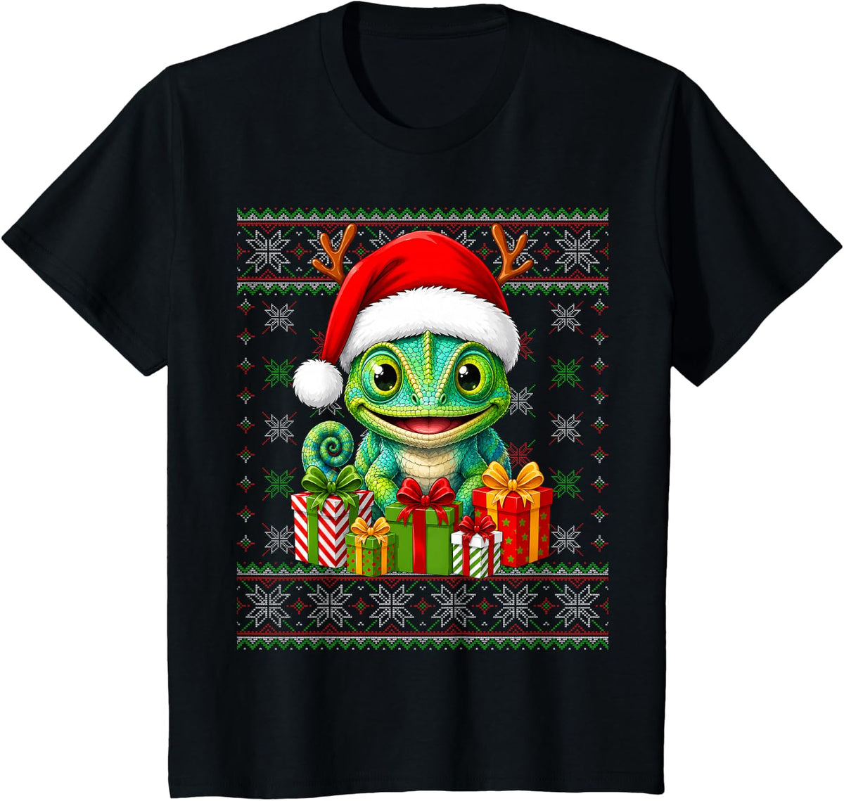 Chameleon Xmas Ugly Sweaters Santa Chameleon Christmas T-Shirt - Black