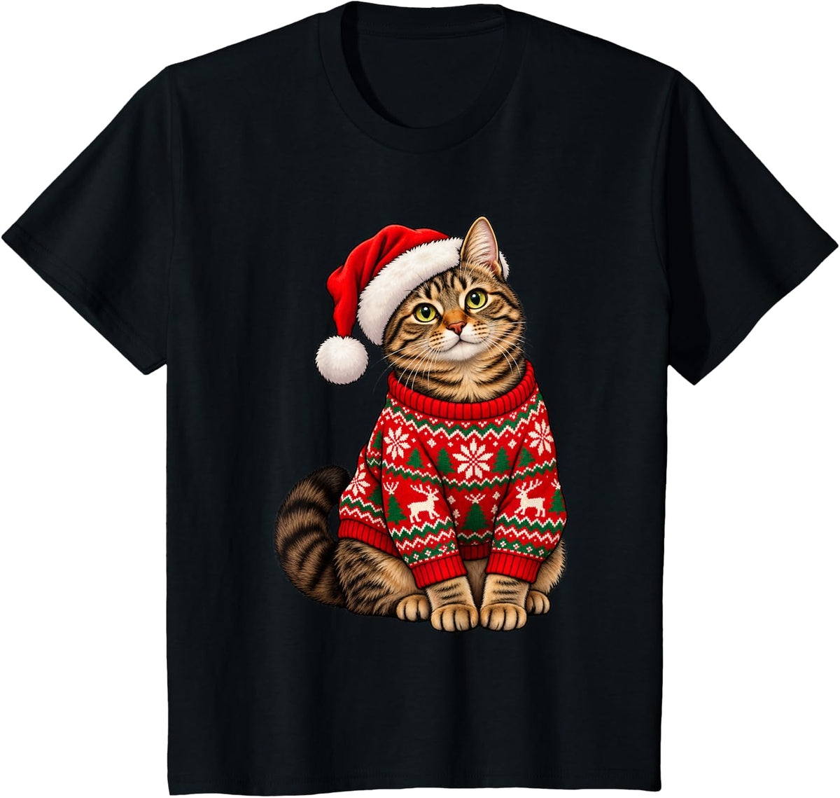 Tabby Cat Ugly Sweater Santa Hat Christmas T-Shirt - Black