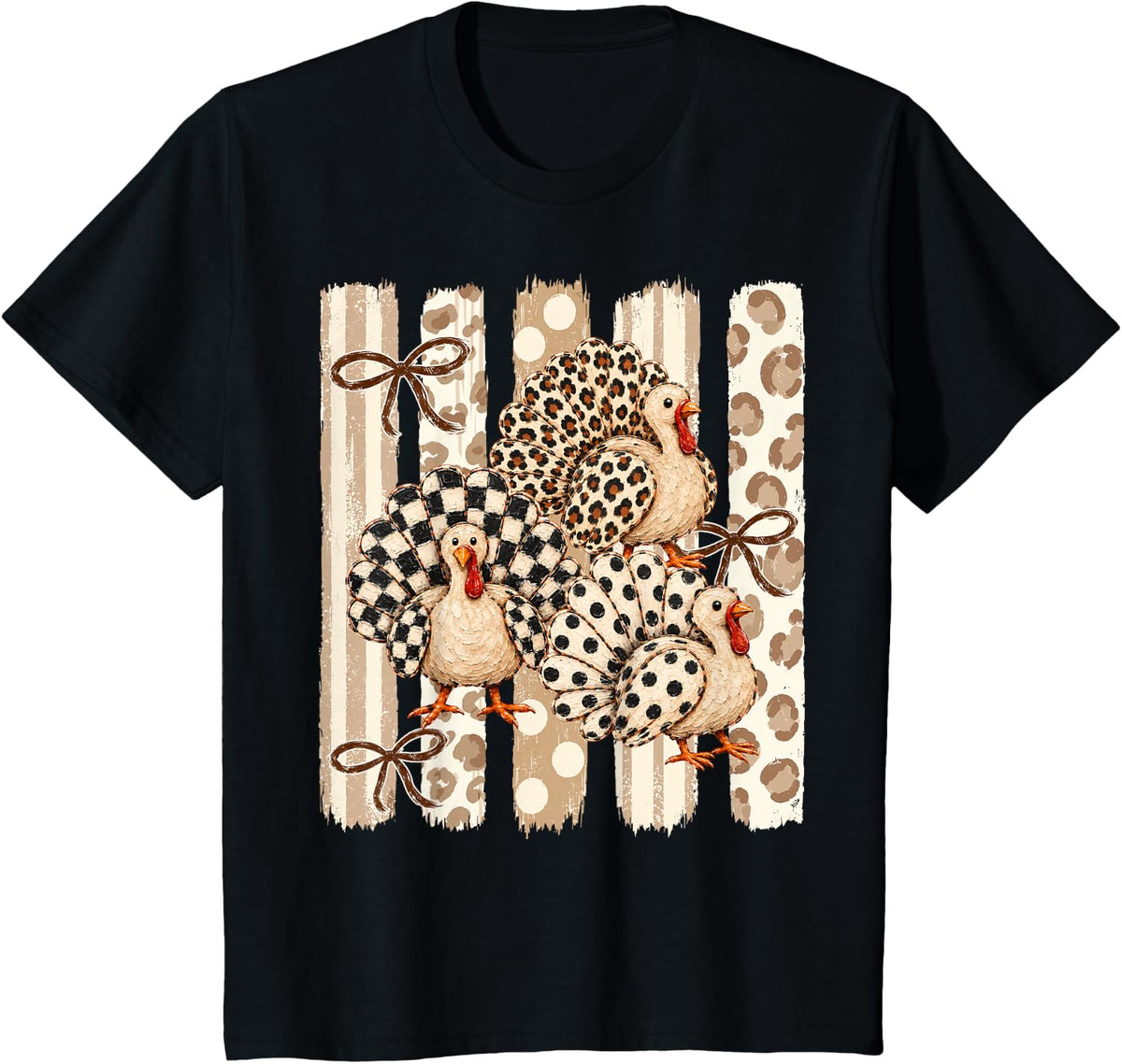 Turkey Pumpkin Checkered Leopard Autumn Fall Thanksgiving T-Shirt - Black