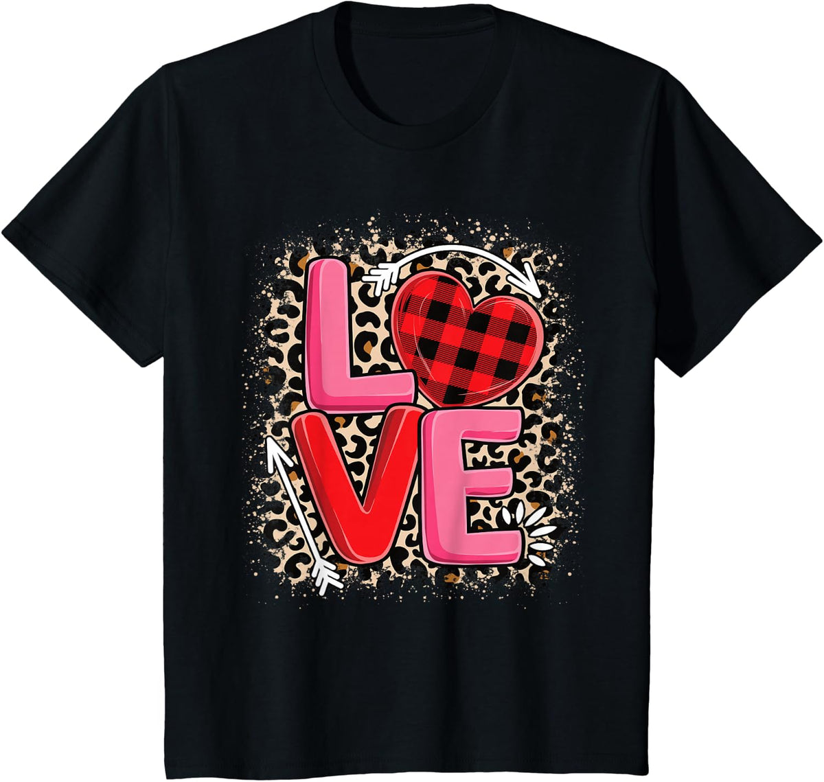 Cute Love Heart Leopard Valentines Day Women Girls T-Shirt - Black