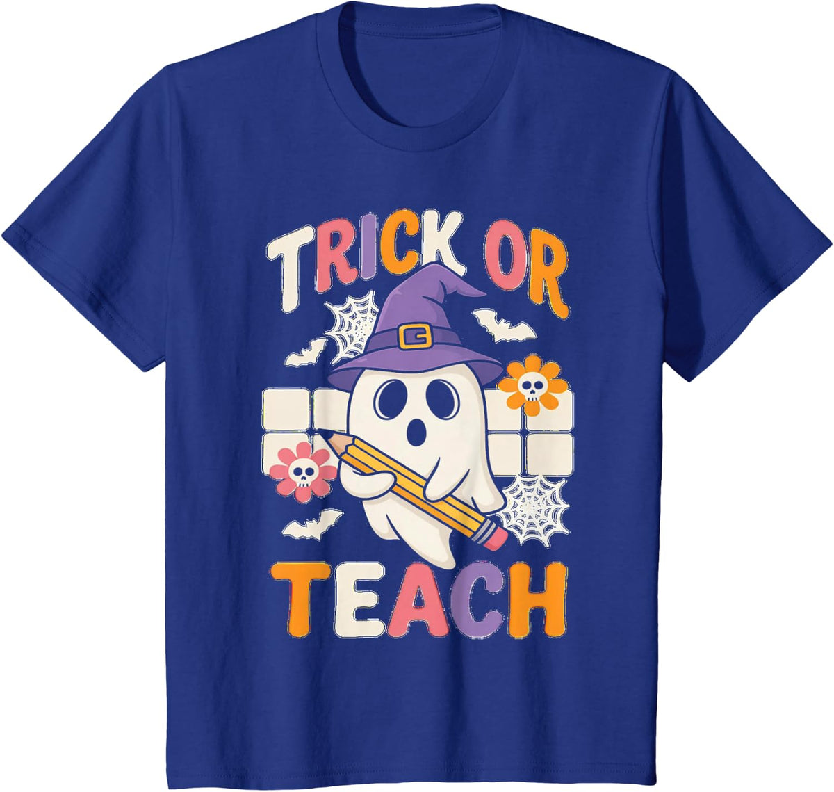 Trick Or Teach Groovy Teacher Halloween Retro Floral Ghost T-Shirt - Royal Blue