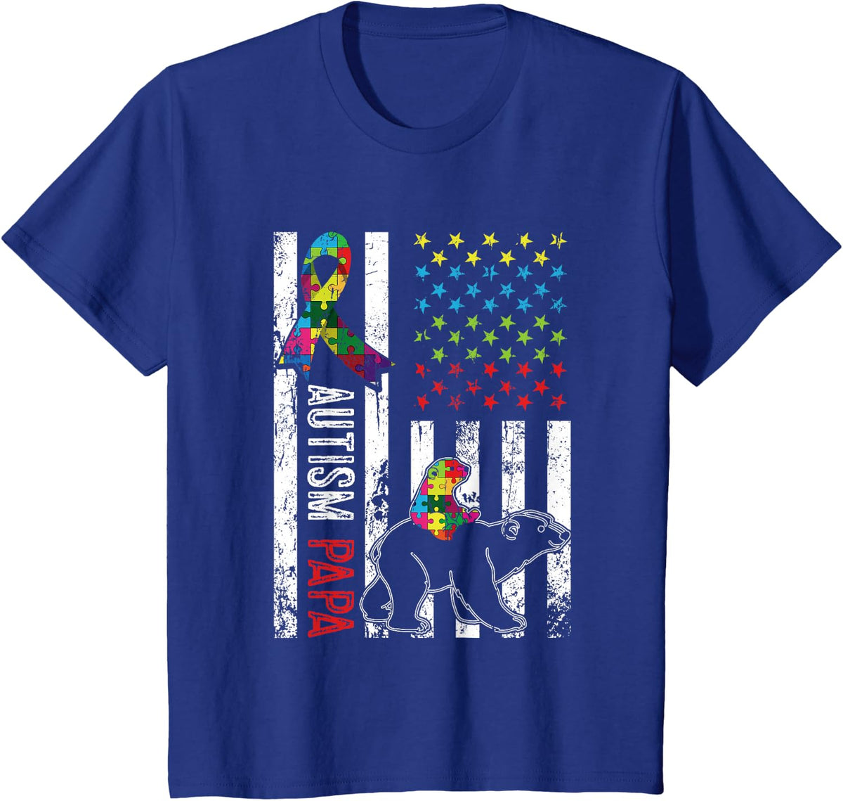 Distressed American Flag Autism Papa Bear Awareness T-Shirt - Royal Blue