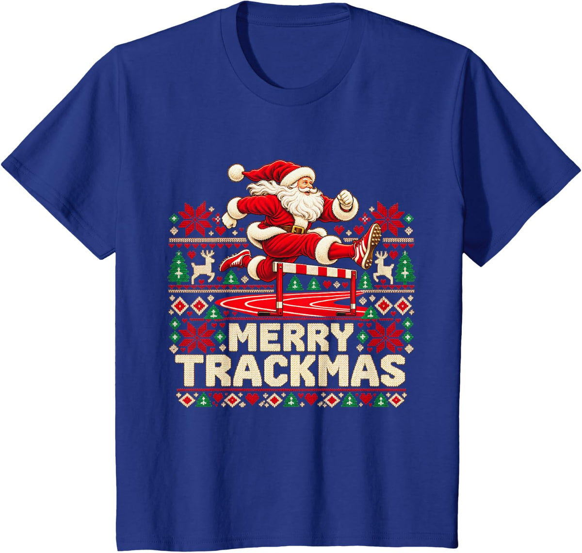 Merry Trackmas Funny Track and Field Santa Ugly Christmas T-Shirt - Royal Blue