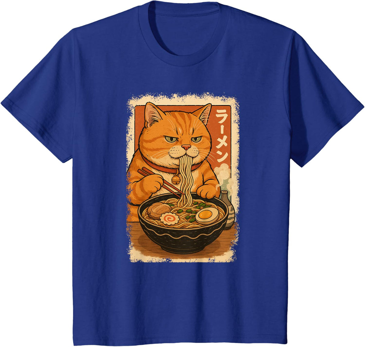 Orange Tabby Cat Eats Ramen Noodles Japanese Vintage T-Shirt - Royal Blue