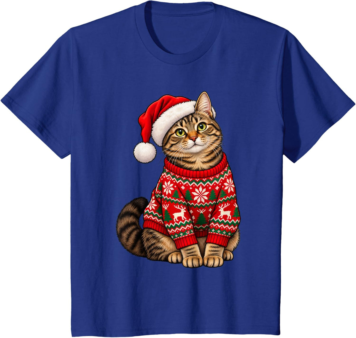 Tabby Cat Ugly Sweater Santa Hat Christmas T-Shirt - Royal Blue
