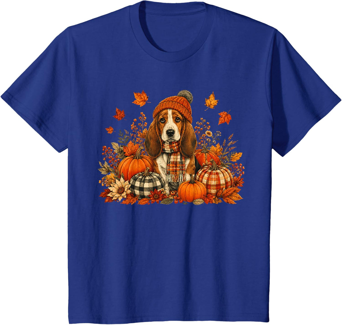 Cute Basset Hound Dog Leopard Pumpkins Autumn Thanksgiving T-Shirt - Royal Blue