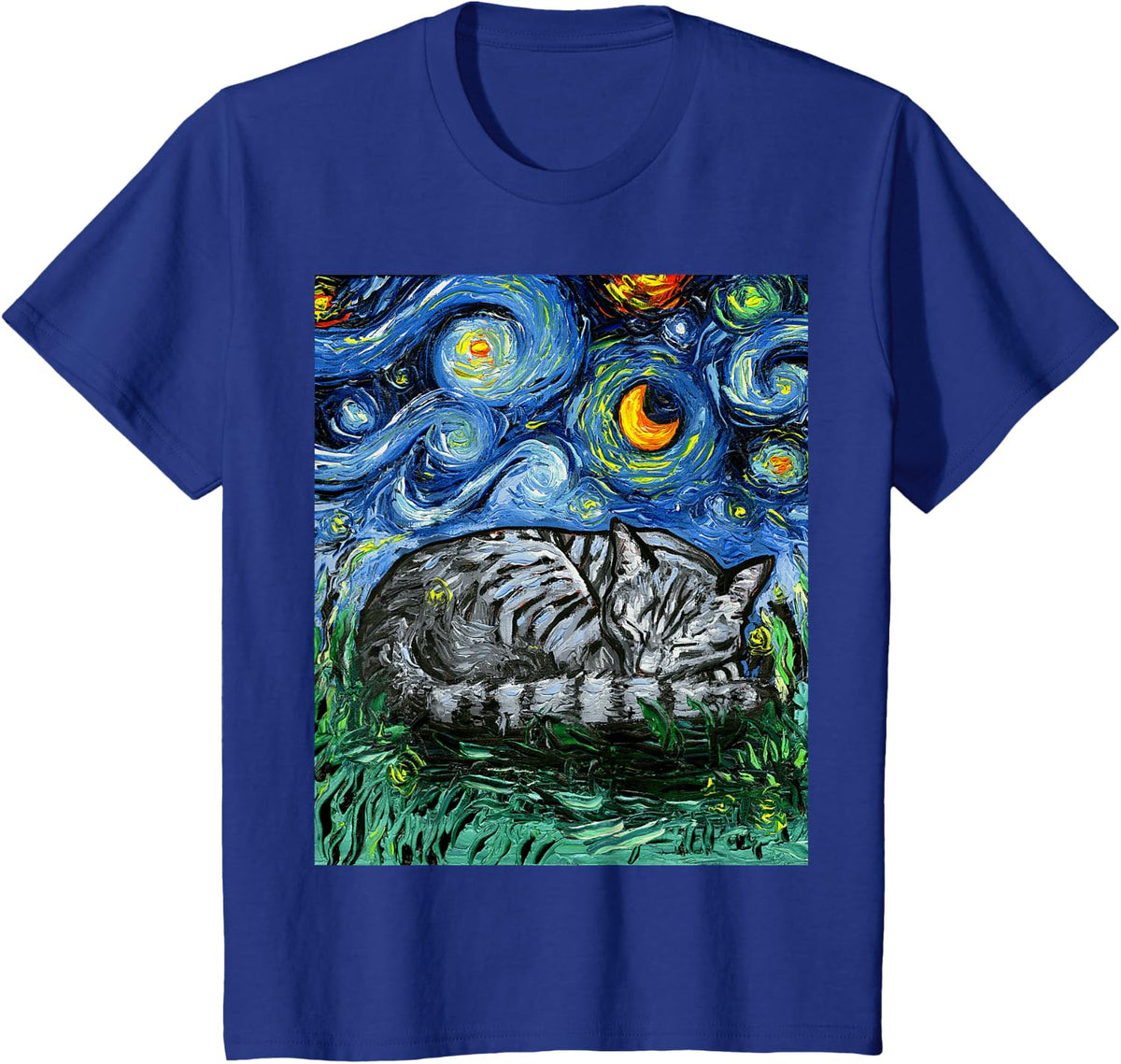 Sleeping Gray Tabby Cat Starry Night Art by Aja T-Shirt - Royal Blue