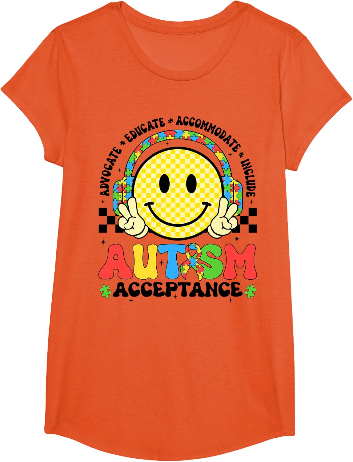 Autism Awareness Smile Face Advocate Include Teacher Kid T-Shirt - Girls Orange
