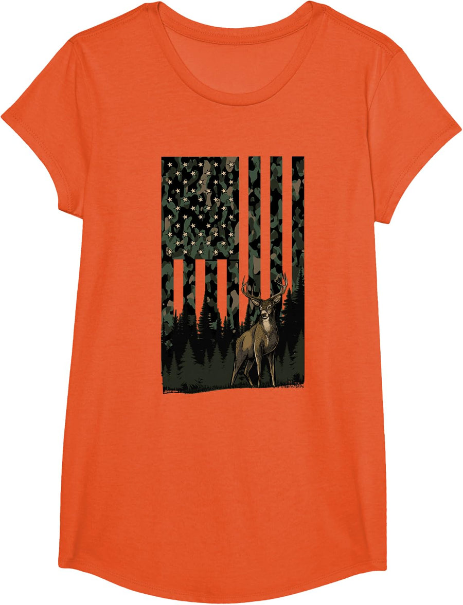 Camo Deer American Flag Patriotic Hunting Graphic USA Flag T-Shirt - Girls Orange