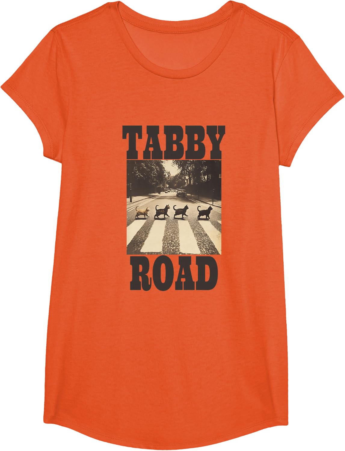 Tabby Road Cat-Themed Design T-Shirt - Girls Orange