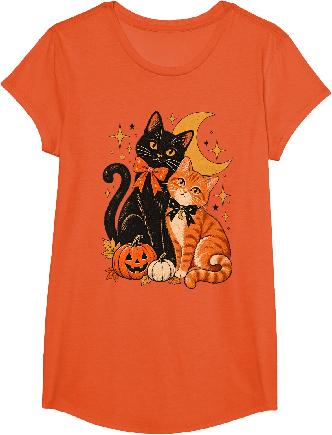 Vintage Halloween Cats Black Cat Orange Tabby Pumpkin Moon T-Shirt - Girls Orange