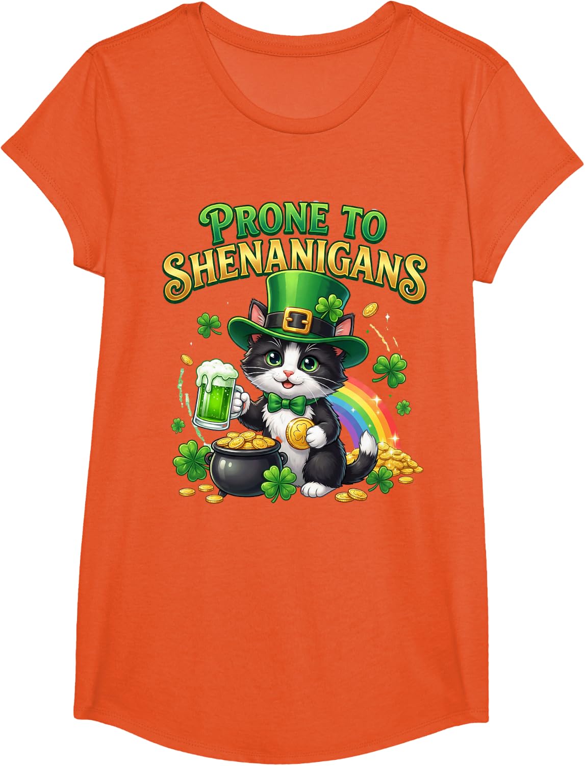 Tuxedo Cat Saint Patrick's Day Prone to Shenanigans T-Shirt - Girls Orange