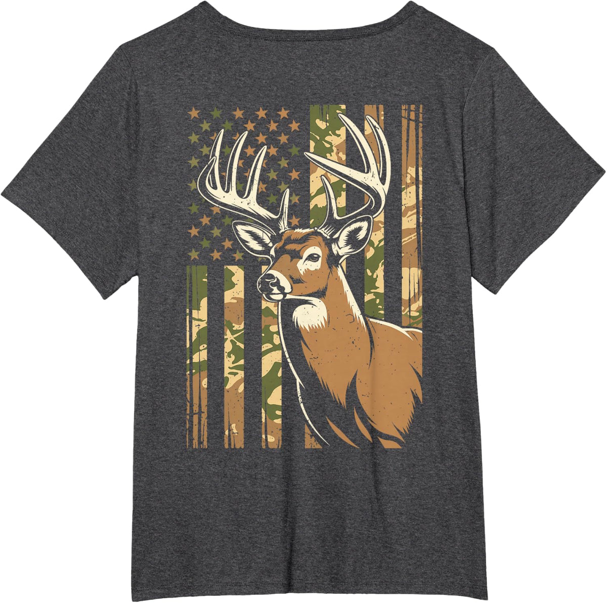 Youth Camo Deer Hunting Boy Men American Flag Whitetail Buck T-Shirt - Dark Heather Grey