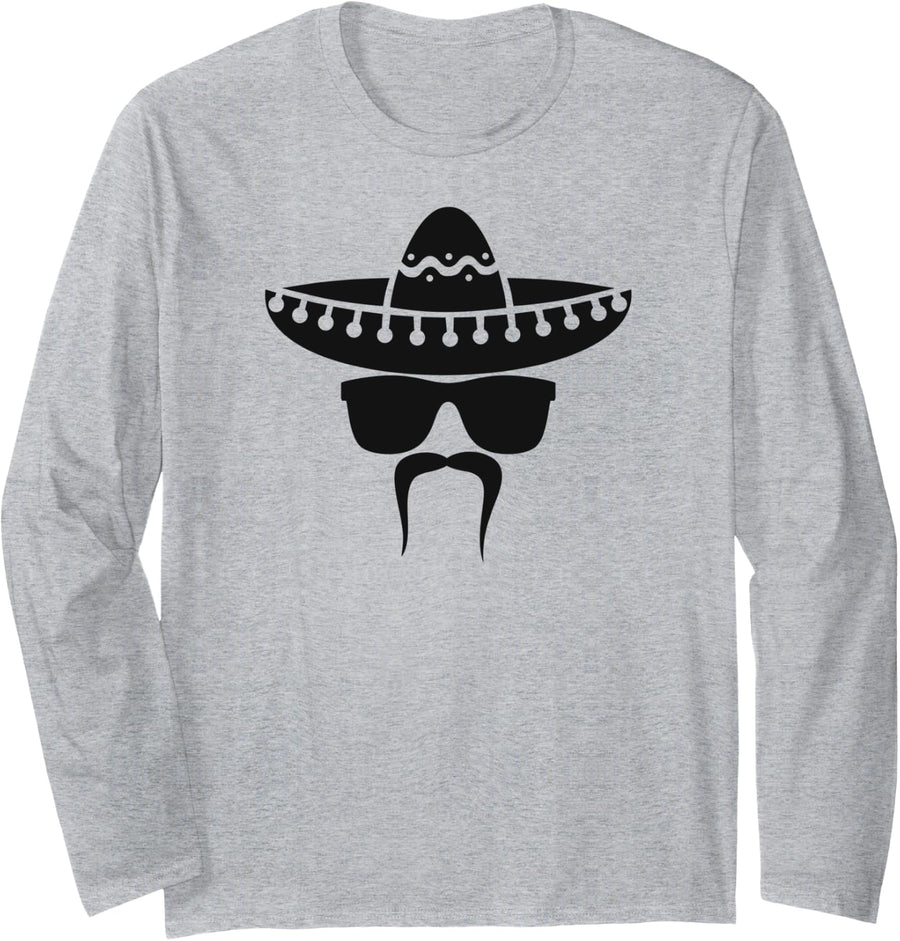 Cinco de Mayo Mexican Sombrero and Mustache Long Sleeve T-Shirt - Adult Unisex Heather Grey