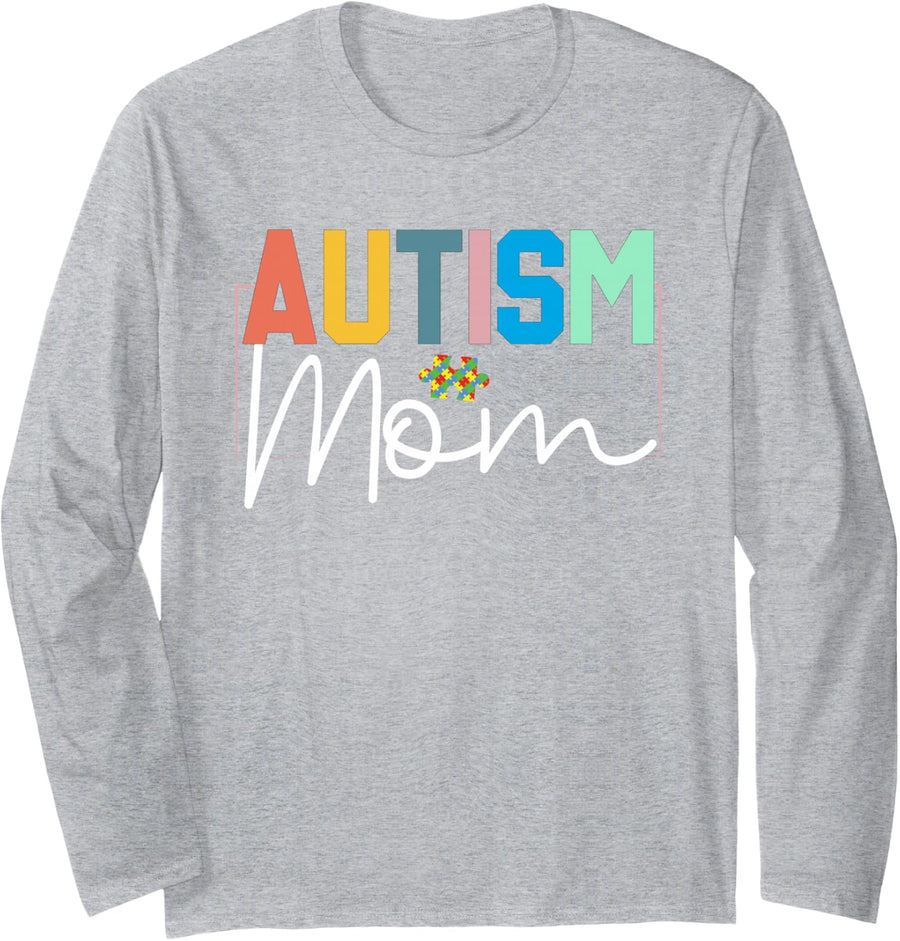 Autism Awareness Proud Autism Mom Long Sleeve T-Shirt - Adult Unisex Heather Grey
