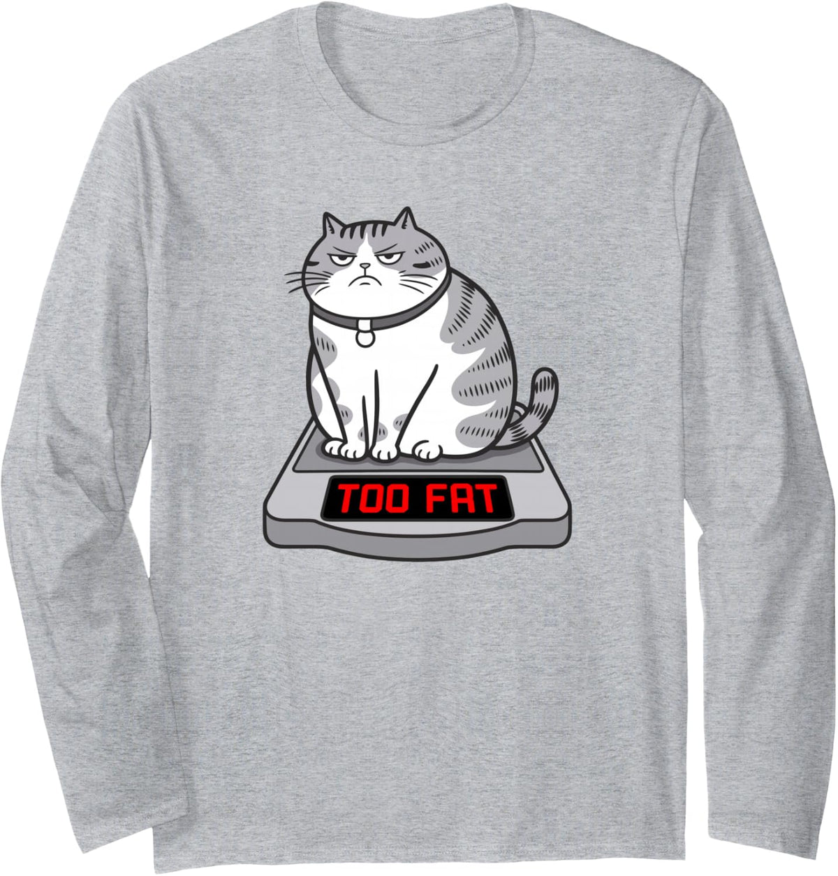 Too Fat Grumpy Tabby Cat Funny Diet Humor Long Sleeve T-Shirt - Adult Unisex Heather Grey
