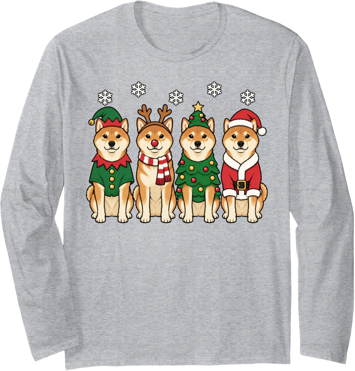 Shiba Inu Christmas Reindeer Santa Dog Lover Long Sleeve T-Shirt - Adult Unisex Heather Grey