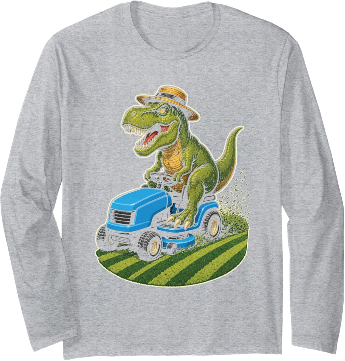 Lawn Mower Dinosaur Dad T Rex Mowing Graphic Art Long Sleeve T-Shirt - Adult Unisex Heather Grey