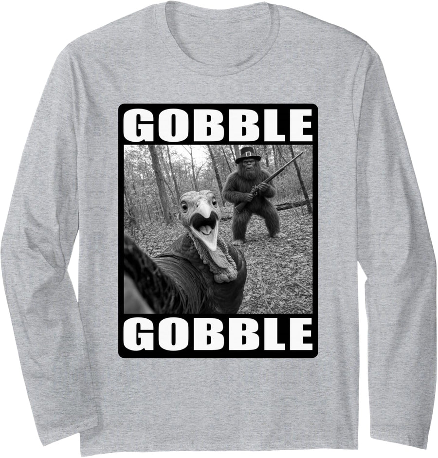 Funny Thanksgiving Gobble Gobble Funny Turkey Selfie Novelty Long Sleeve T-Shirt - Adult Unisex Heather Grey