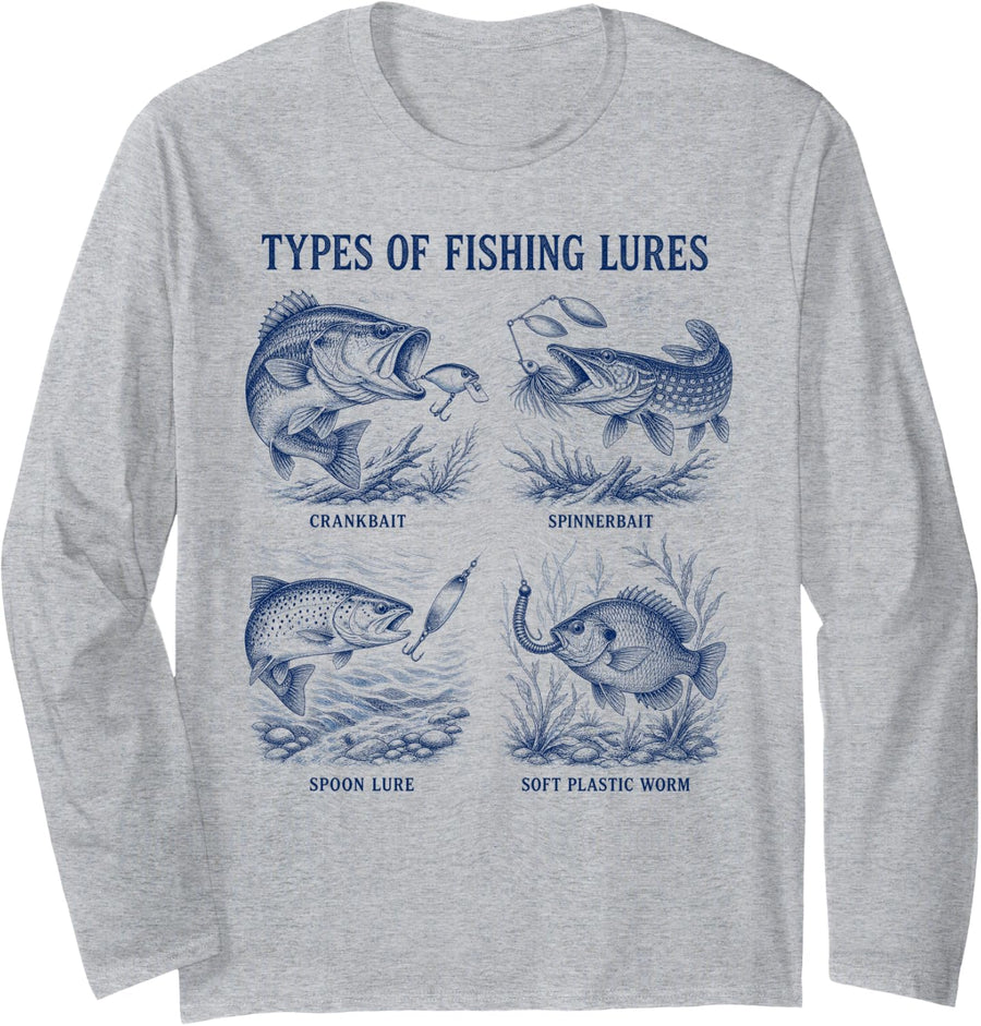 Types of Fishing Lures Bass Fishing Fisherman Long Sleeve T-Shirt - Adult Unisex Heather Grey