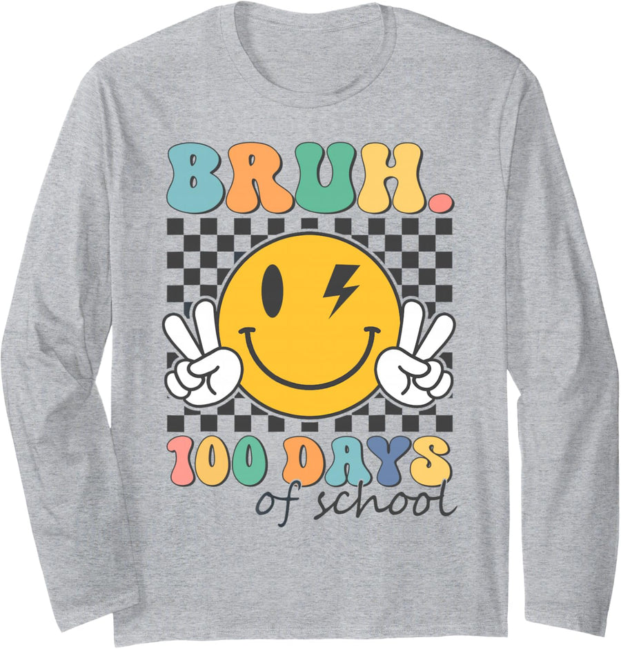 100th Day of School Bruh Funny Smile Face 100 Days of School Long Sleeve T-Shirt - Adult Unisex Heather Grey