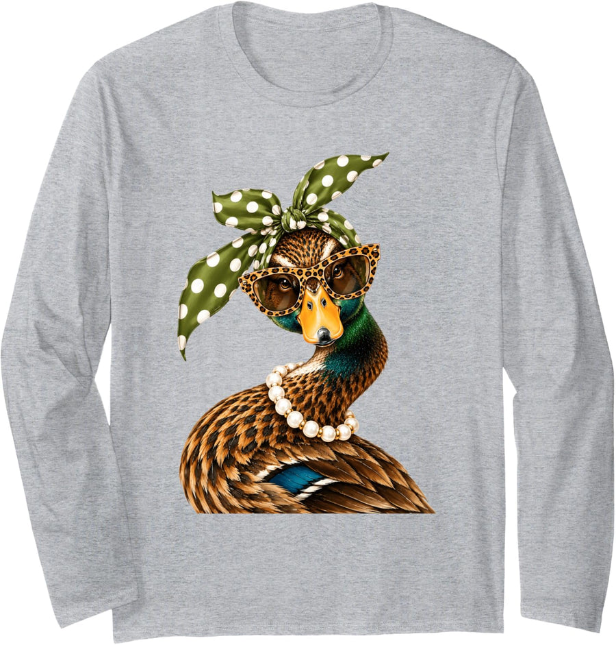 Glam Mallard Duck Wearing Polka Dots Bandana, Hunting Season Long Sleeve T-Shirt - Adult Unisex Heather Grey