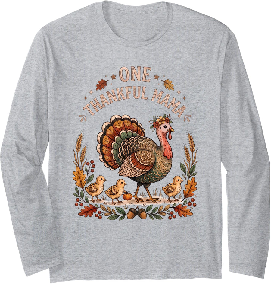 Thankful Mama Shirt Thanksgiving Turkey Mom Chicks Floral Long Sleeve T-Shirt - Adult Unisex Heather Grey
