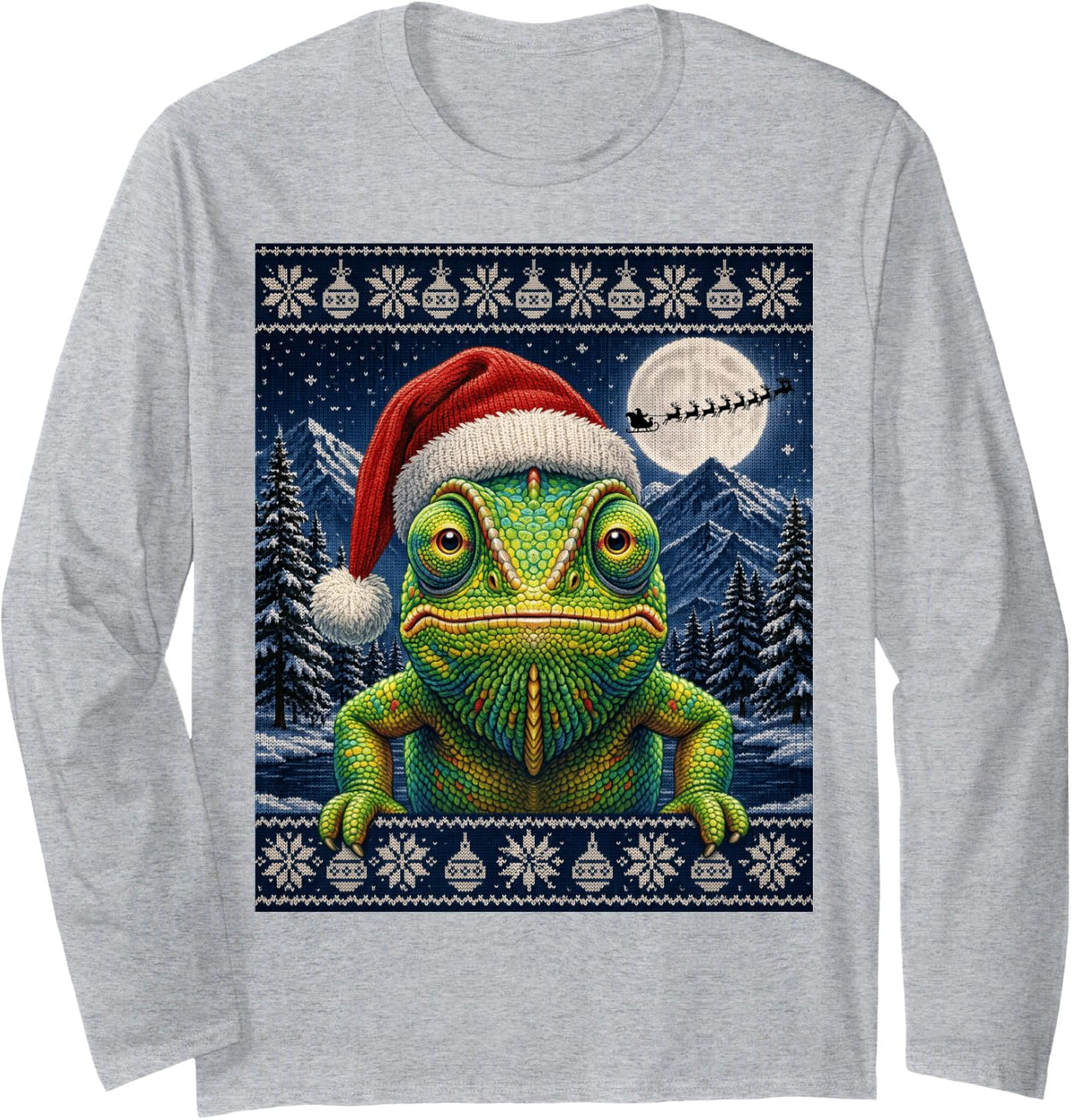 Chameleon Santa Ugly Christmas Long Sleeve T-Shirt - Adult Unisex Heather Grey