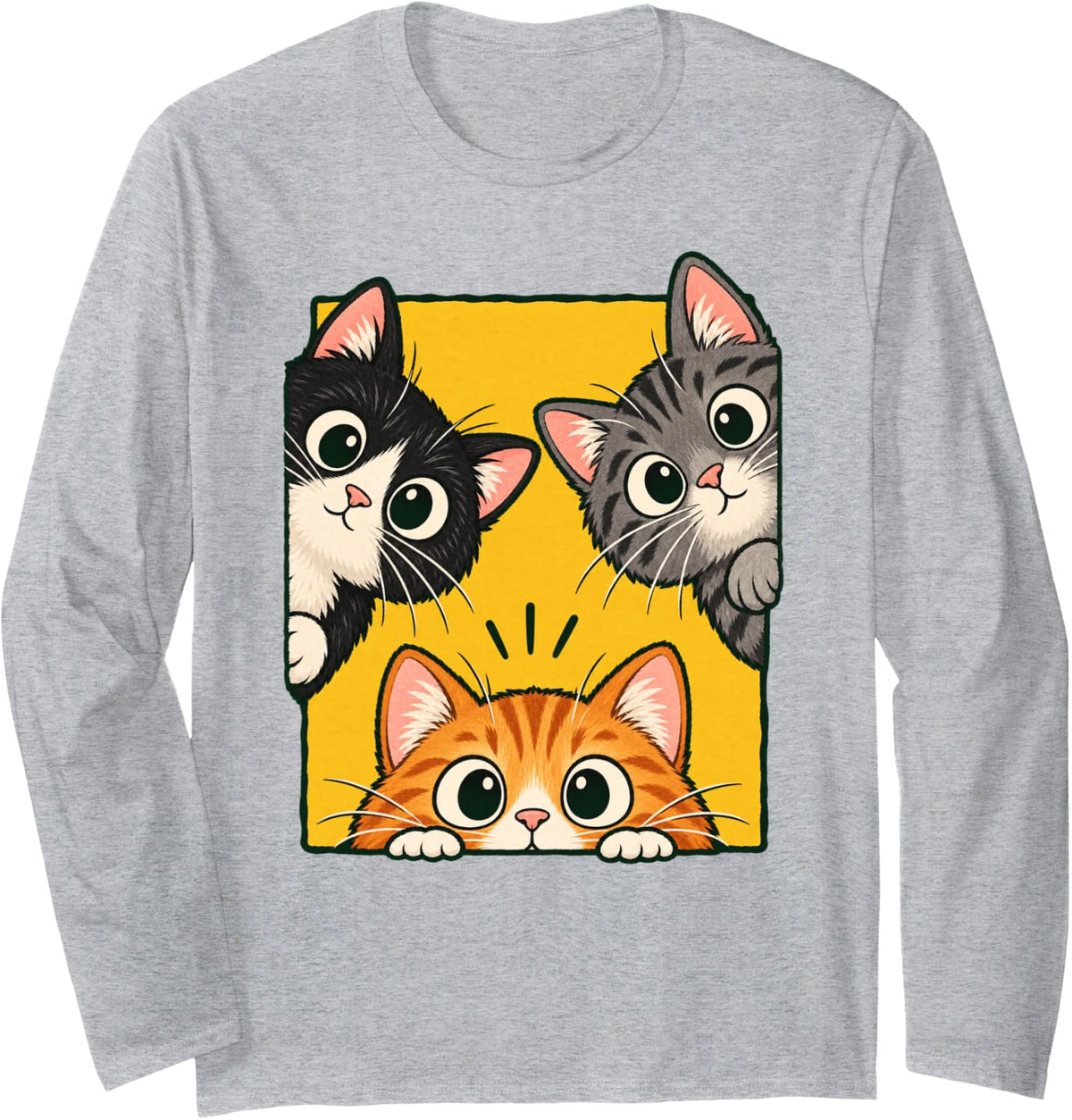 Cute Peeking Cats Cartoon Kitten Trio Long Sleeve T-Shirt - Adult Unisex Heather Grey