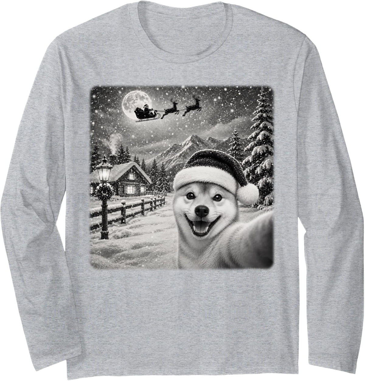 Xmas Moon Night Starry Santa Sleigh Shiba Inu Dog Christmas Long Sleeve T-Shirt - Adult Unisex Heather Grey
